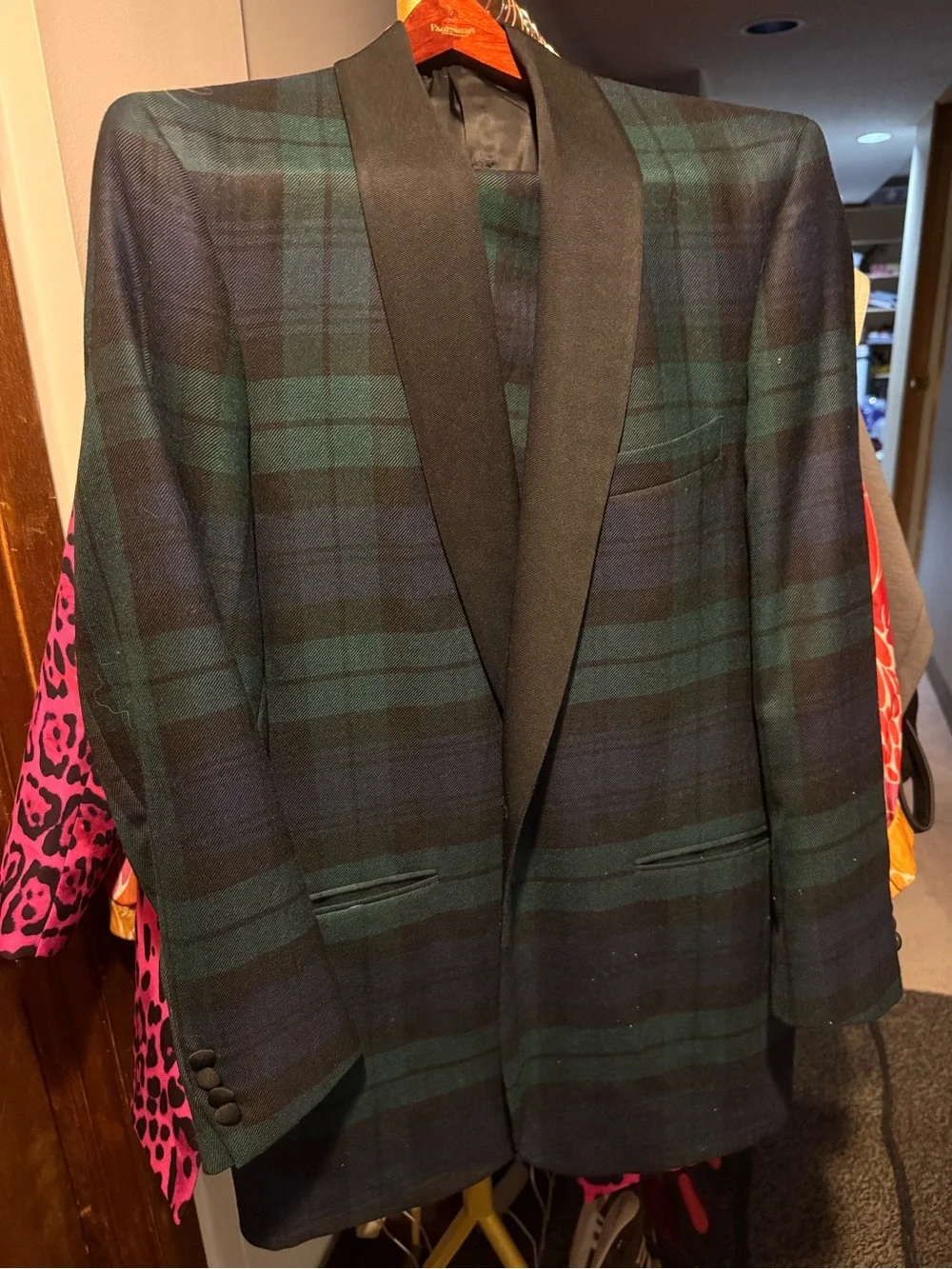 Ralph Lauren Ben Silver Black Watch Plaid Tuxedo Jacket with Black Satin Lapel